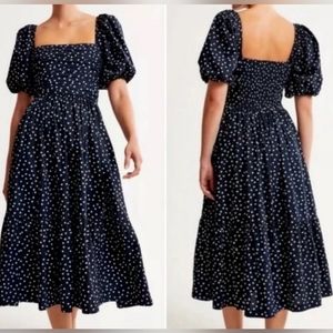 Abercrombie & Fitch Emerson Poplin Puff Sleeve Navy Polka Dot Midi Dress
